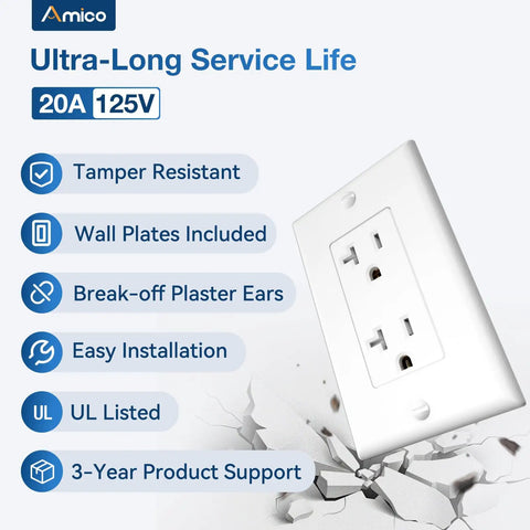 100 Pack 20 Amp 125 Volt Tamper Resistant Electrical Wall Outlets Heavy Duty Duplex Receptacles with Safety Shutters and features.