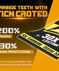Pro Level Upgraded Carbide Oscillating Tool Blades Eight Piece Set Featuring Advanced TiCn Coating For Multi Material Cut And Scrape Tasks Built Like A Tank To Outlast Ordinary Wear, showcasing carbide teeth and performance details.