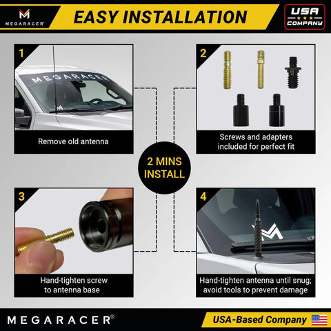 Premium Anodized Carbon Fiber 50 Cal Bullet Antenna For Ford F150 F250 Truck installation steps showing easy mounting process.