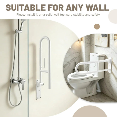 Top Shelf 22.5 Inch Toilet Grab Bar U Shaped Flip Up Safety Rail With Built In Toilet Paper Holder mounted beside toilet.