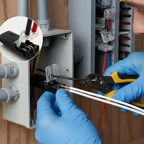 Double Wire Push-In Connector With Locking Buckle for easy no-twist splices shown being installed in an electrical box