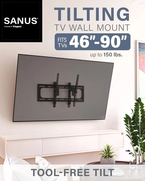 Heavy Duty Tilting TV Wall Mount For Big Screens Up To 90 Inches And 150 Pounds with tool-free tilt in a modern living room.