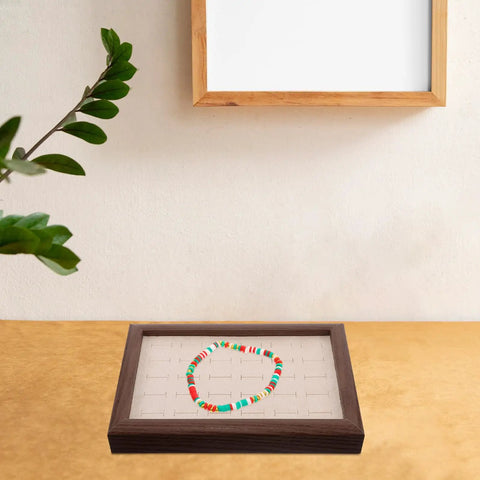 Sleek Wooden Jewelry Organizer Tray With 30 Compartments And A Sick Walnut Finish, showcasing colorful necklace neatly organized.
