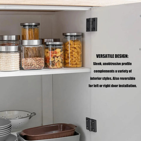 Built Like A Tank Heavy Duty Butt Hinge Set Of Two In Classic Black Zinc Alloy Closet Cabinet Door Hardware visible in kitchen cabinet.