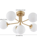 Brass Gold 24 Inch Parisian 6 Light Globe Modern Industrial Iron Ceiling Light Semi Flush Mount With White Frosted Glass Shade LED Bulbs Included For Kitchen Or Bedroom Decor, dimensions labeled