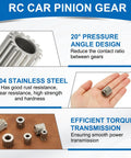 Image showing features of Beefed-Up 16-Tooth Pinion Gear With 10mm Bore 304 Stainless Steel Hardened For RC Cars And Trucks, 2 Pack.