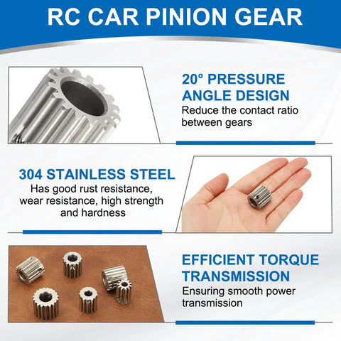 Image showing features of Beefed-Up 16-Tooth Pinion Gear With 10mm Bore 304 Stainless Steel Hardened For RC Cars And Trucks, 2 Pack.