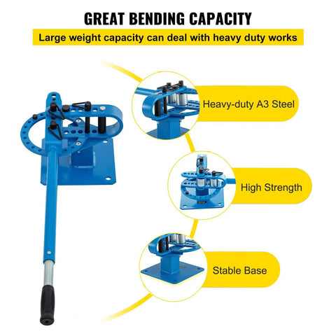 Great bending capacity of Beefy Manual Bender For 1 To 2 Inch Round And Square Metal Bars With 7 Bending Dies, robust blue design