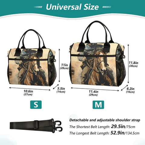 Desert Dust Insulated Cooler Tote Lunch Bag With Detachable Shoulder Strap shown in two sizes with horse design.