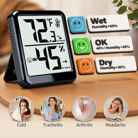 4 Pack Room Thermometer Indoor Hygrometer Humidity Gauge Meter With High Accuracy Temperature And Humidity Monitor Wet Ok Dry Icons For Easy Read Humidity Levels Perfect For Home Office Kitchen Nursery And Garage, black tabletop display