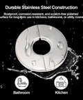 Three Pack Self Adhesive Split Flange Covers Twenty Eight Millimeter Snap On Pipe Sleeve Durable Stainless Steel decorative trim showing polished surface with water droplets.