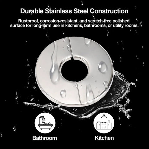 Three Pack Self Adhesive Split Flange Covers Twenty Eight Millimeter Snap On Pipe Sleeve Durable Stainless Steel decorative trim showing polished surface with water droplets.