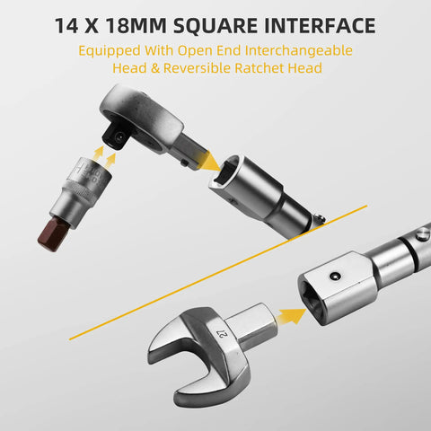 Pro Grade Interchangeable Torque Wrench Set With 14mm x 18mm Open End, 1/2 Inch Ratchet Head, chrome vanadium kit, connectors displayed