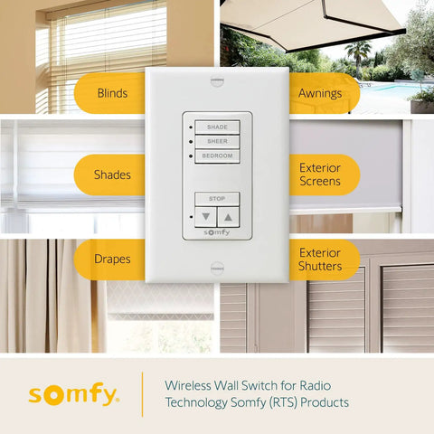 Wirefree RTS Wall Switch 3 Channel Control for motorized shades blinds and curtains, pure white, button labels visible