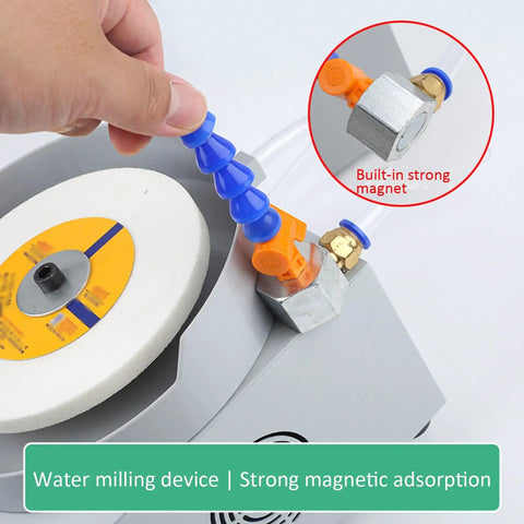 Pro Electric Wet And Dry Bench Grinder Sander with Adjustable Speed Control, close-up of water miling device detail with magnetic attachment.