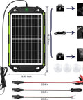 15W 12V Solar Battery Charger And Maintainer With Smart MPPT Controller, dimensions, cables, suction cups, and setup diagram