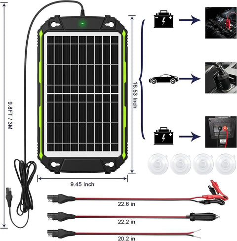 15W 12V Solar Battery Charger And Maintainer With Smart MPPT Controller, dimensions, cables, suction cups, and setup diagram