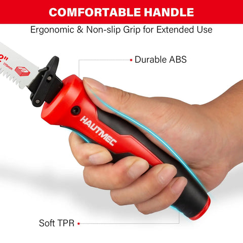 Close-up of ergonomic handle on 10-In-1 Hand Saw Kit With Quick-Release Blades, showing durable ABS and soft TPR materials.