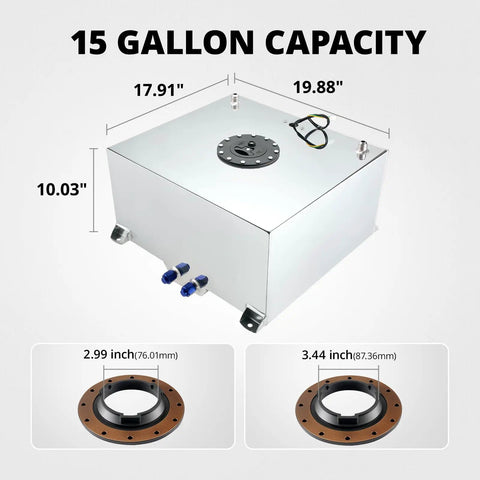 15 Gallon Aluminum Fuel Cell With Level Sender For Street Drift Builds Silver Finish Dimensions 19.88 In Long By 17.91 In Wide By 10.03 In High 10AN Inlet Outlet Compatible With Diesel Alcohol Methanol Water And Ethanol Fuels