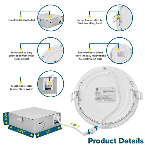 Ultra Thin 6 Inch LED Recessed Lights With Junction Box 4 Pack, Color Temp Adjustable 2700K To 5000K, 12W, 1000 Lumens, Dimmable Wafer Ceiling Lights, Wet Rated, IC Rated, ETL Listed