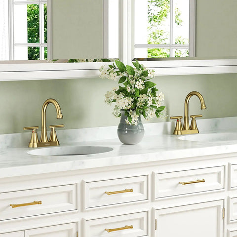 4 Inch Brushed Gold Bathroom Sink Faucet With Pop Up Drain And 2 Supply Hoses Lead Free Stainless Steel 2 Handle Centerset Vanity