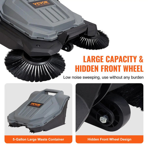 Walk-Behind Hand Push Floor Sweeper With A 25.6 Inch Sweep Width, Manual Non Electric Cleaning Machine; large capacity waste container