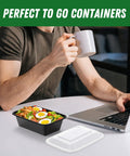Fifty Pack Of Hundred Piece 24 Oz Meal Prep Containers With Lids Reusable Durable Leakproof And Food Safe on table with food