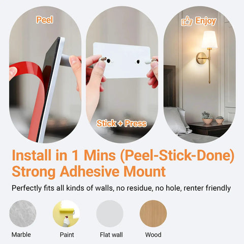 Peel And Stick Wireless Wall Sconces Set Of Two Battery Operated LED Lights With 10000mAh Battery Easy Install For Bedroom And Living Room Decor No Drill Renter Friendly Adhesive Wall Mount Corn Bulb Style showing peel and stick installation process on various wall surfaces.