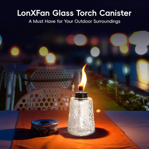 Three Pack Glass Tabletop Torches For Outdoor Vibes With Citronella Oil Fuel Canisters Wicks And Caps on a table at night