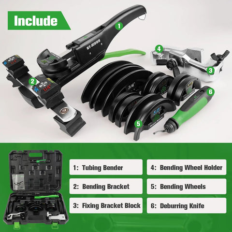 Tubing Bender Kit 1/4 In To 7/8 In Ratchet Copper Pipe Bender Tool Set With 7 Dies for HVAC use, components displayed and labeled