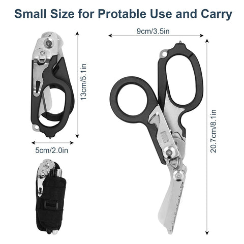 6 In 1 Emergency Response Shears For Everyday Carry, Folding Stainless Steel Trauma Scissors with dimensions and holster case