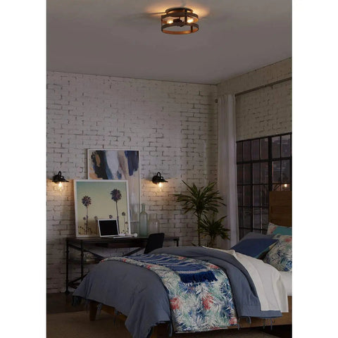 Bedroom with Gulliver Collection 2-Light Weathered Gray Farmhouse Flush Mount Ceiling Light With Open Cage Frame.