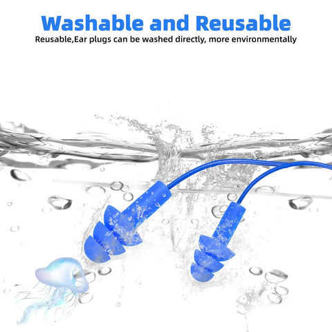 Noise Cancelling Ear Plugs 27dB NRR, Corded And Reusable, shown underwater to highlight washability and environmental benefits.