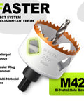 Close-up of bi-metal hole saw from Door Lock Installation Kit For Metal And Wood Doors With Adjustable Guide Template And Bi Metal Hole Saw Set 1 3 8 To 1 3 4 Inches Includes Extra Drill Bit And Screwdriver Bit For Deadbolt And Knob showing eject system and precision-cut teeth.