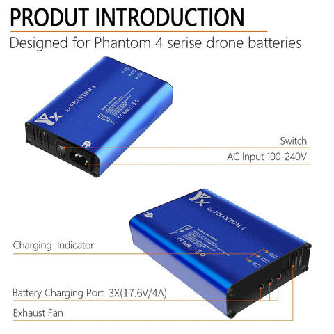 Image of 4 In 1 Rapid Parallel Battery Charger With Ground for DJI Phantom 4 Series, showing components and design features.