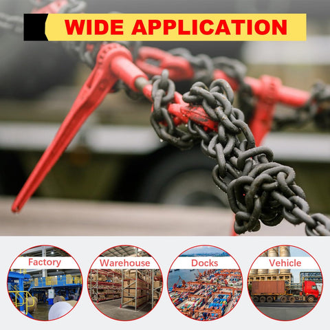 Heavy Duty Chain Binder Grade 70 Ratchet Load Binder For Five Sixteenths To Three Eighths Inch Chains with red handle in use