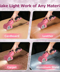 Nanwei Cordless Electric Scissors With Four Point Two Volt Motor And Type-C Charging cutting through cardboard, leather, and carpet.