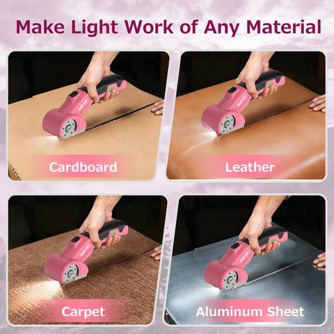 Nanwei Cordless Electric Scissors With Four Point Two Volt Motor And Type-C Charging cutting through cardboard, leather, and carpet.