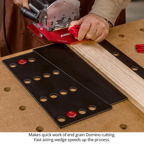 32 Piece Workholding Kit With Dog And Wedge Clamp Holdfast System for MFT tables in use with aluminum bench dogs and phenolic wedges