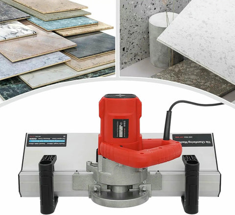 Heavy Duty Electric Tile Bevel Cutter And Chamfering Tool Fueled By A Beefy 1200 Watt Motor on a workbench with various tile samples.