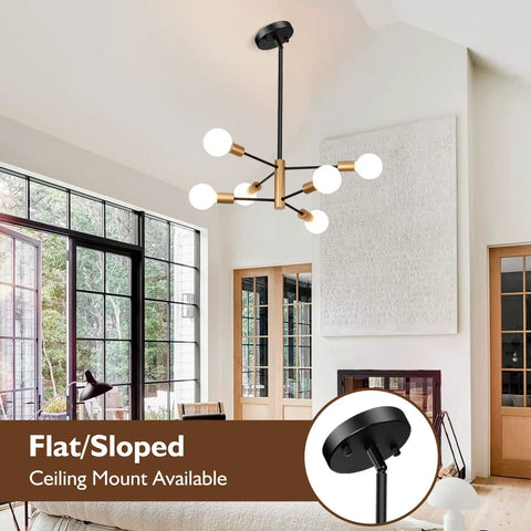 Straight Up Fire Modern Chandelier For Dining Room With Black And Gold Sputnik Ceiling Light Fixture Designed To Hella Elevate Your Everyday Home Vibe Instantly, in a stylish living room with large windows.