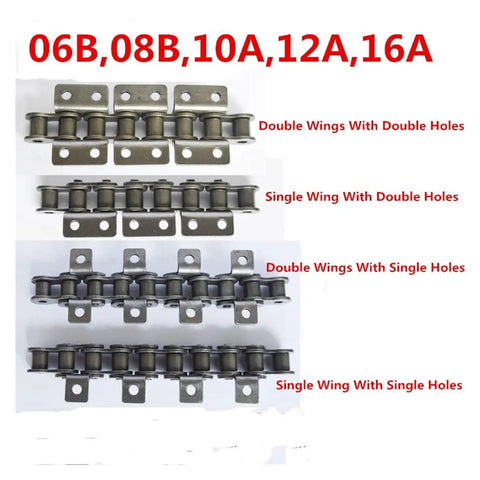 Industrial 1.5M Roller Chain With Ear Plate Available In 06B 08B And 10A Models showing various chain types and mounting options.