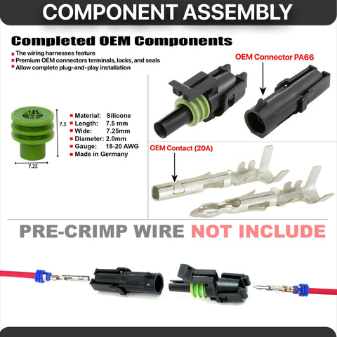 Hot Rod Wiring Kit With 20 Amp Weather Pack Connectors Features Male And Female Terminals For 18 To 20 Gauge Wire Including Sealing Plugs And Housing Shrouds For Quick Disconnect Splicing Jobs That Fit Perfect. OEM connector parts with silicone seal and 20A contacts