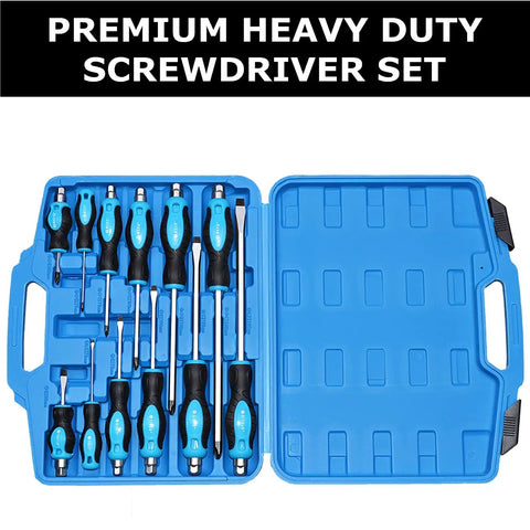 12 Piece Magnetic Screwdriver Set With Heavy Duty Go-Thru Steel Blades, High Torque Performance, open in blue case