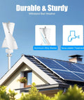 100W Vertical Axis Wind Turbine Kit With Controller And 2 Blades For Home Use, on a rooftop beside solar panels, white design