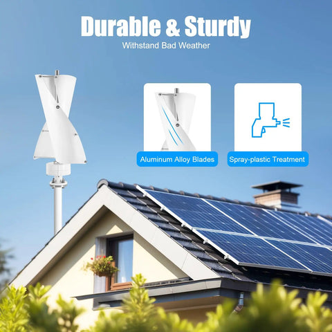 100W Vertical Axis Wind Turbine Kit With Controller And 2 Blades For Home Use, on a rooftop beside solar panels, white design