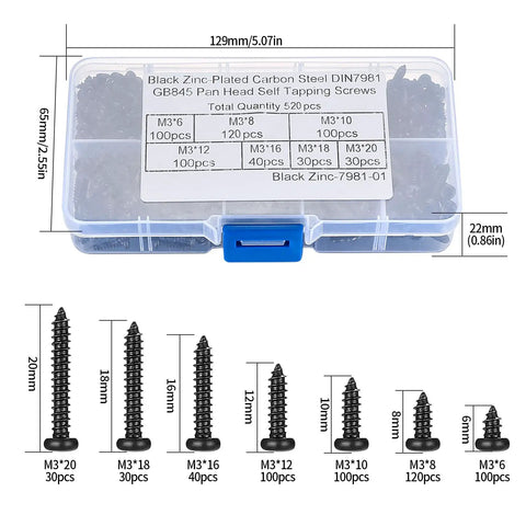 M3 Self Tapping Wood Screws Set, Zinc Plated Carbon Steel Pan Head Phillips Screws For Wood Plastic And Soft Metal, 520 Pieces, M3x6mm To M3x20mm