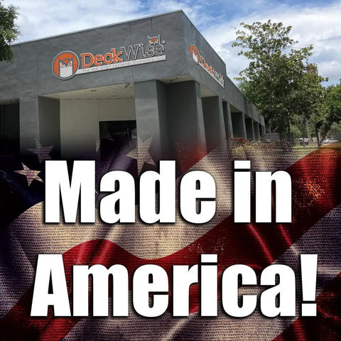 Exterior of DeckWise building with sign, emphasizing the message 'Made in America!' on American flag background.
