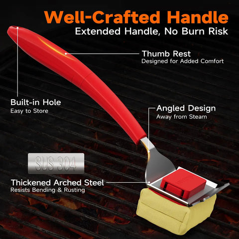 Safe No Wire Grill Brush With Scraper For Outdoor Grill Cleaning Steam Safe Cleaner Replaceable Head Works On Cast Iron Stainless Steel Porcelain And Ceramic Grates Red with well-crafted handle and extended design.
