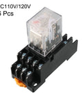 Six Pack AC 110V And 120V 4PDT DIN Rail Power Relay With Socket Set, 14 Terminals, 35mm Mount, Red Indicator, Plastic Shell